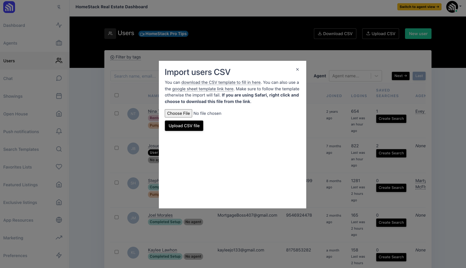 Import users CSV dialog with template download links and upload controls
